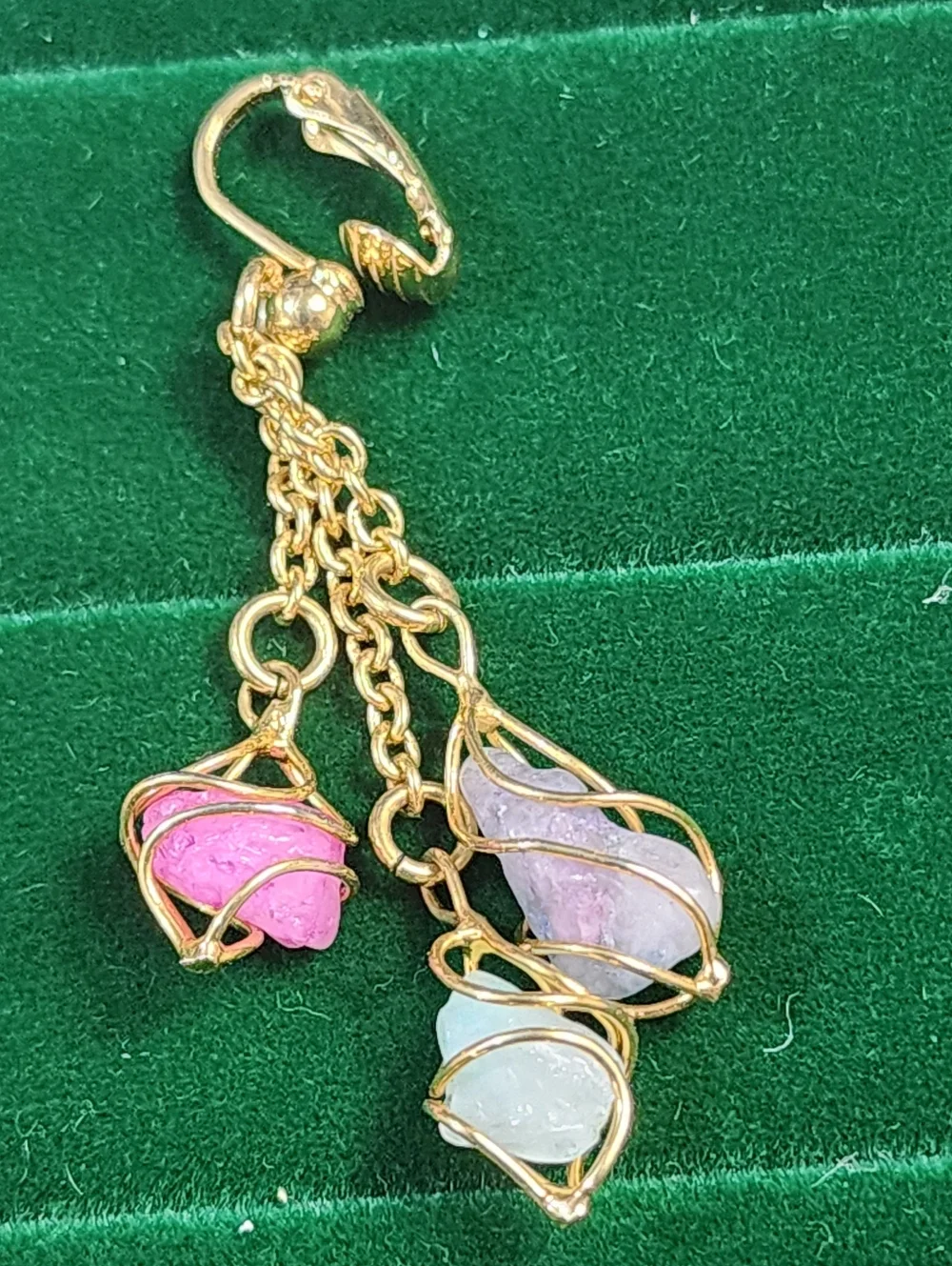 Boho dangle earrings natural stone chips wire wrapped gold tone leverback